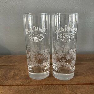 Jack Daniels Old No 7 Brand Highball Glass Etched Snowflakes Winter Set of 2